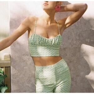 ZARA Printed Corsetry Inspired Crop Top Spaghetti Strap Geometric Floral Green